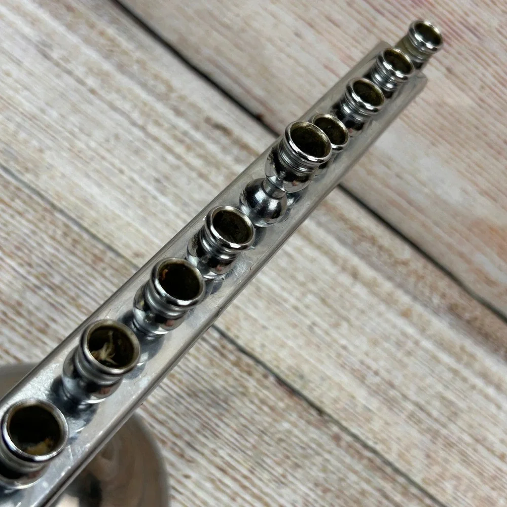 Vintage R.C. Silver‎ Tone Lyre Harp Hanukkah Tilted Menorah Chanukiah